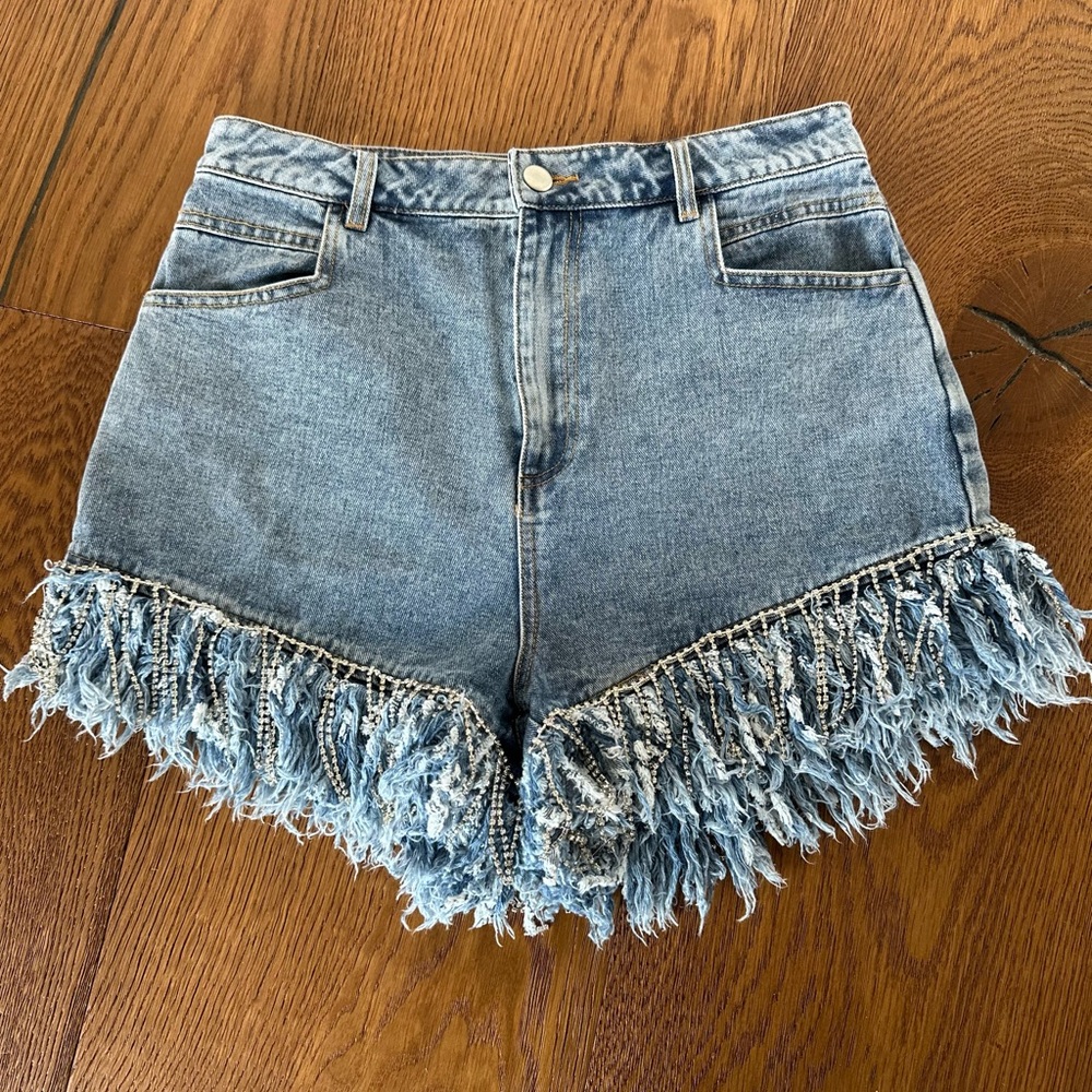 Denim Faux Diamond Fringe High-Waist Women's Shorts - Festival | Bachelorette
